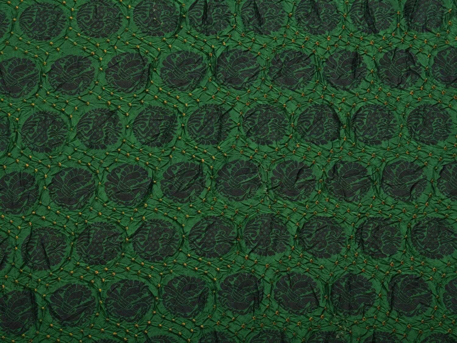 Dark Green Bandhani Kanchipuram Silk Handloom Saree with Shikari and Peacock Buta Design bn0252