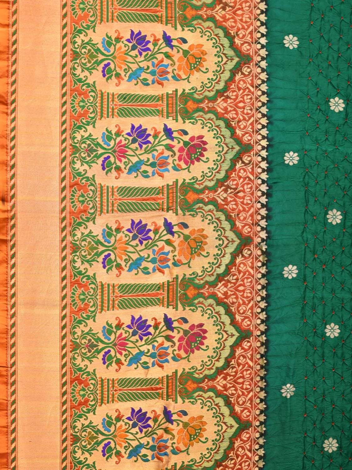 Dark Green Bandhani Paithani Silk Handloom Saree with One Side Border Design bn0144