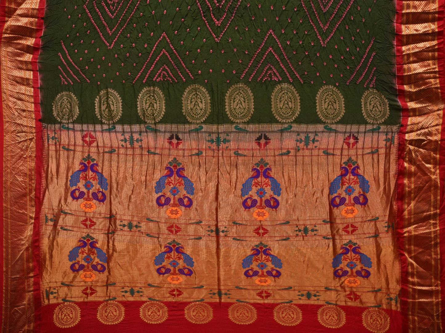 Dark Green Bandhani Paithani Silk Handloom Saree with Pallu Design bn0370