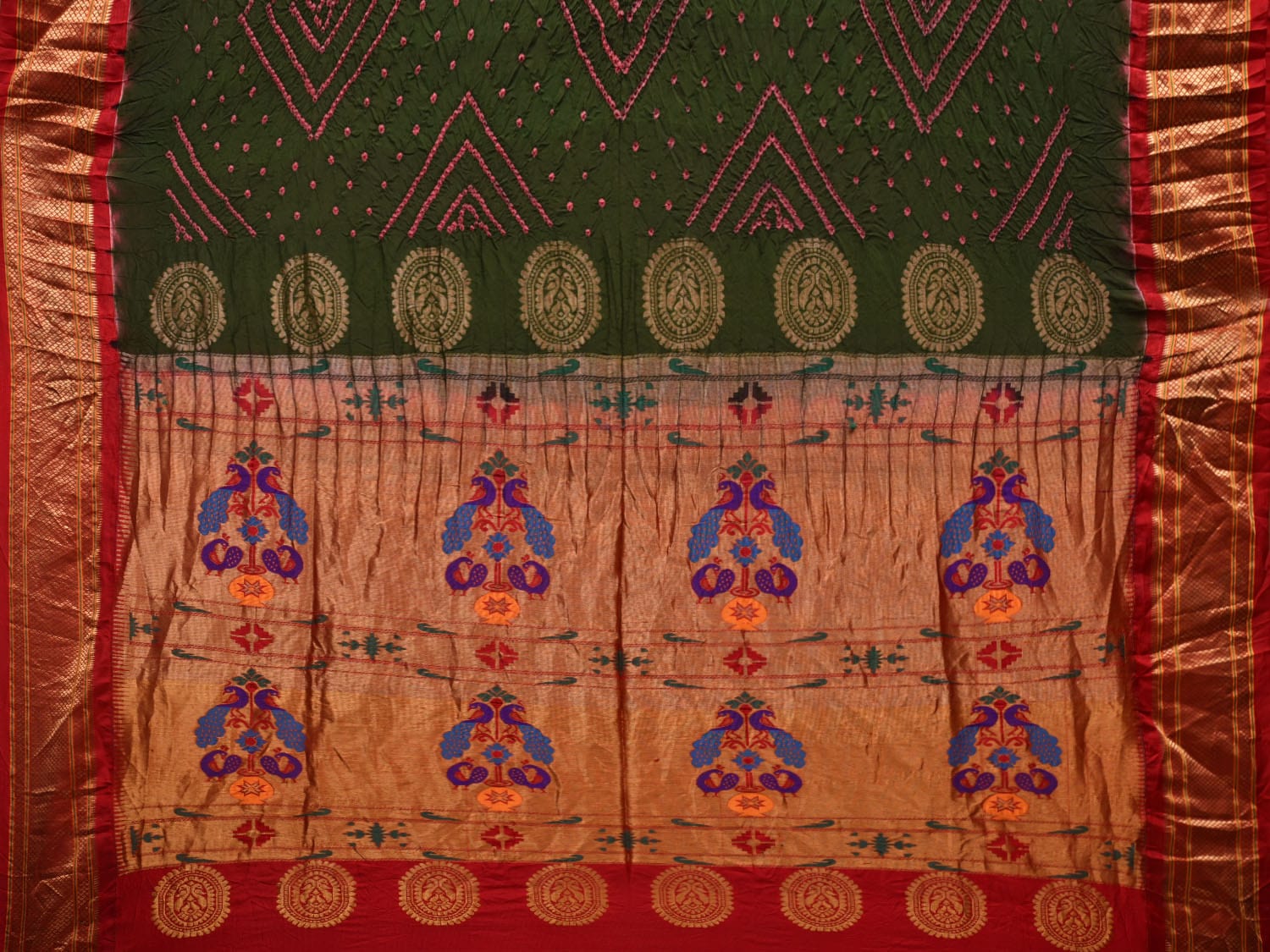 Dark Green Bandhani Paithani Silk Handloom Saree with Pallu Design bn0370
