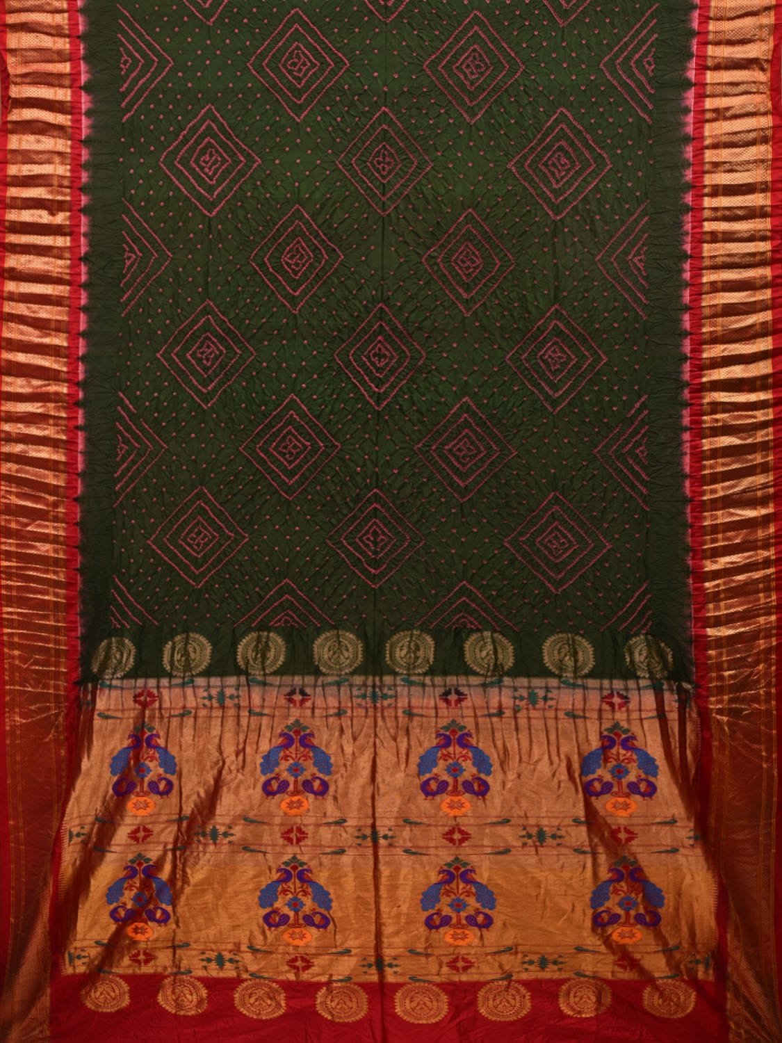 Dark Green Bandhani Paithani Silk Handloom Saree with Pallu Design bn0370