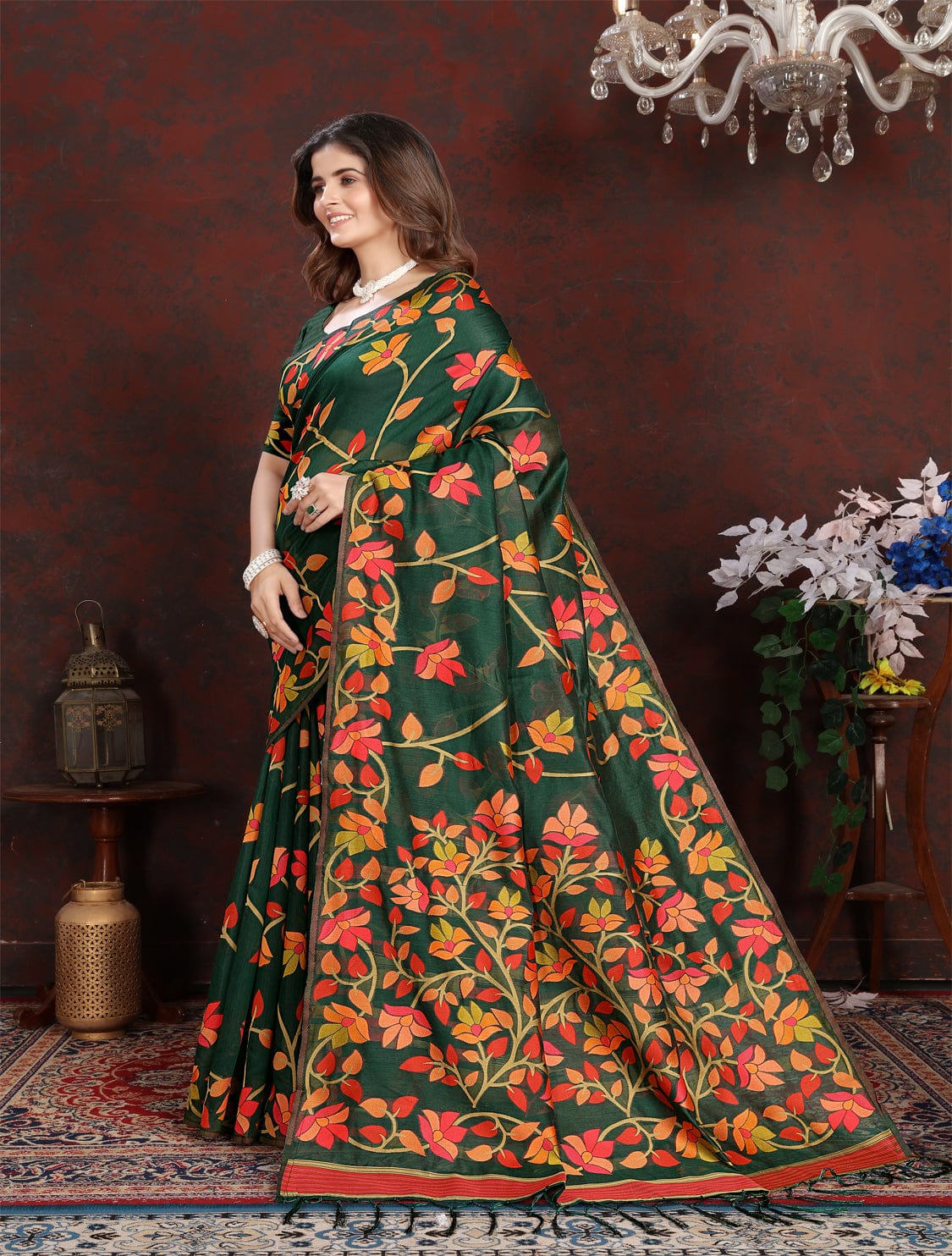 Dark Green Dhakai Jamdani Cotton Viscose Saree with Floral Border and Pallu Design dj0103