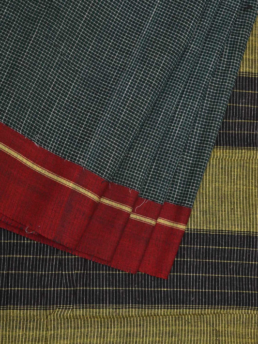 Dark Green ilkal Cotton Handloom Saree with Checks and Ganga-Jamuna Border Design No Blouse o0327