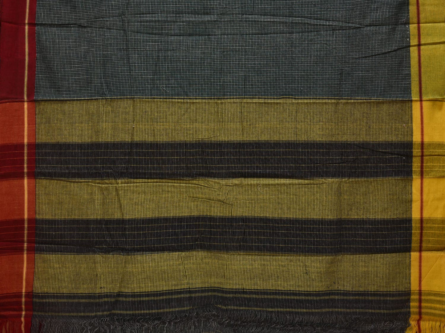 Dark Green ilkal Cotton Handloom Saree with Checks and Ganga-Jamuna Border Design No Blouse o0327