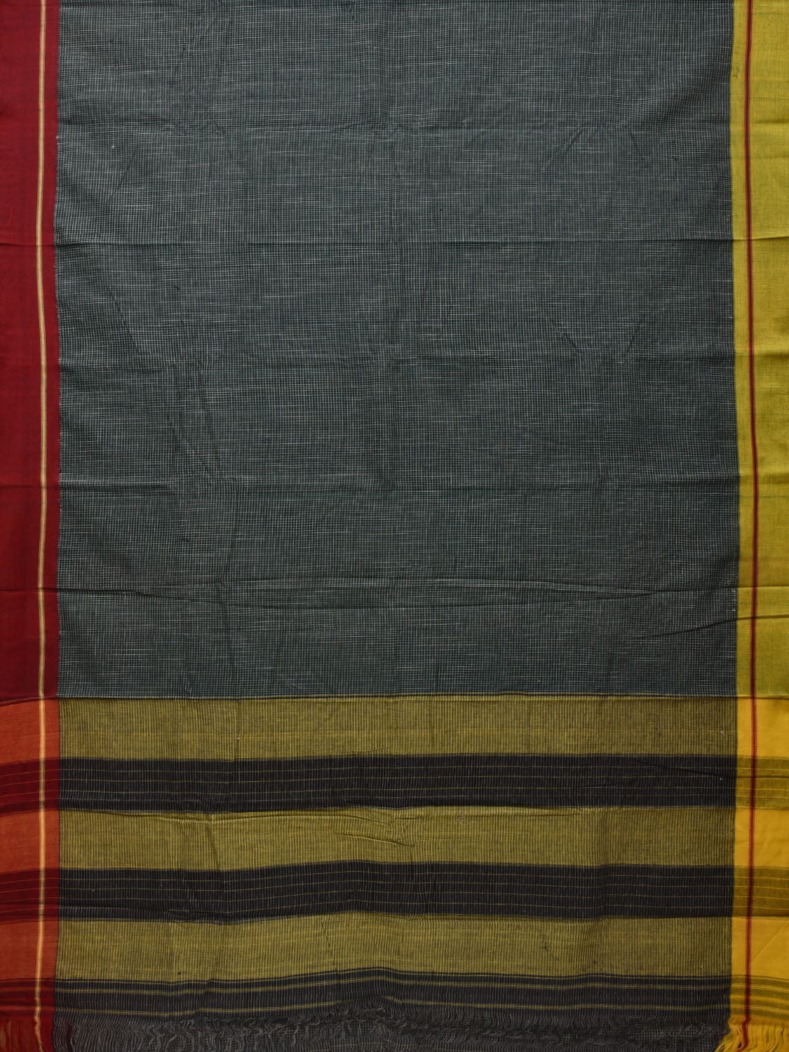 Dark Green ilkal Cotton Handloom Saree with Checks and Ganga-Jamuna Border Design No Blouse o0327