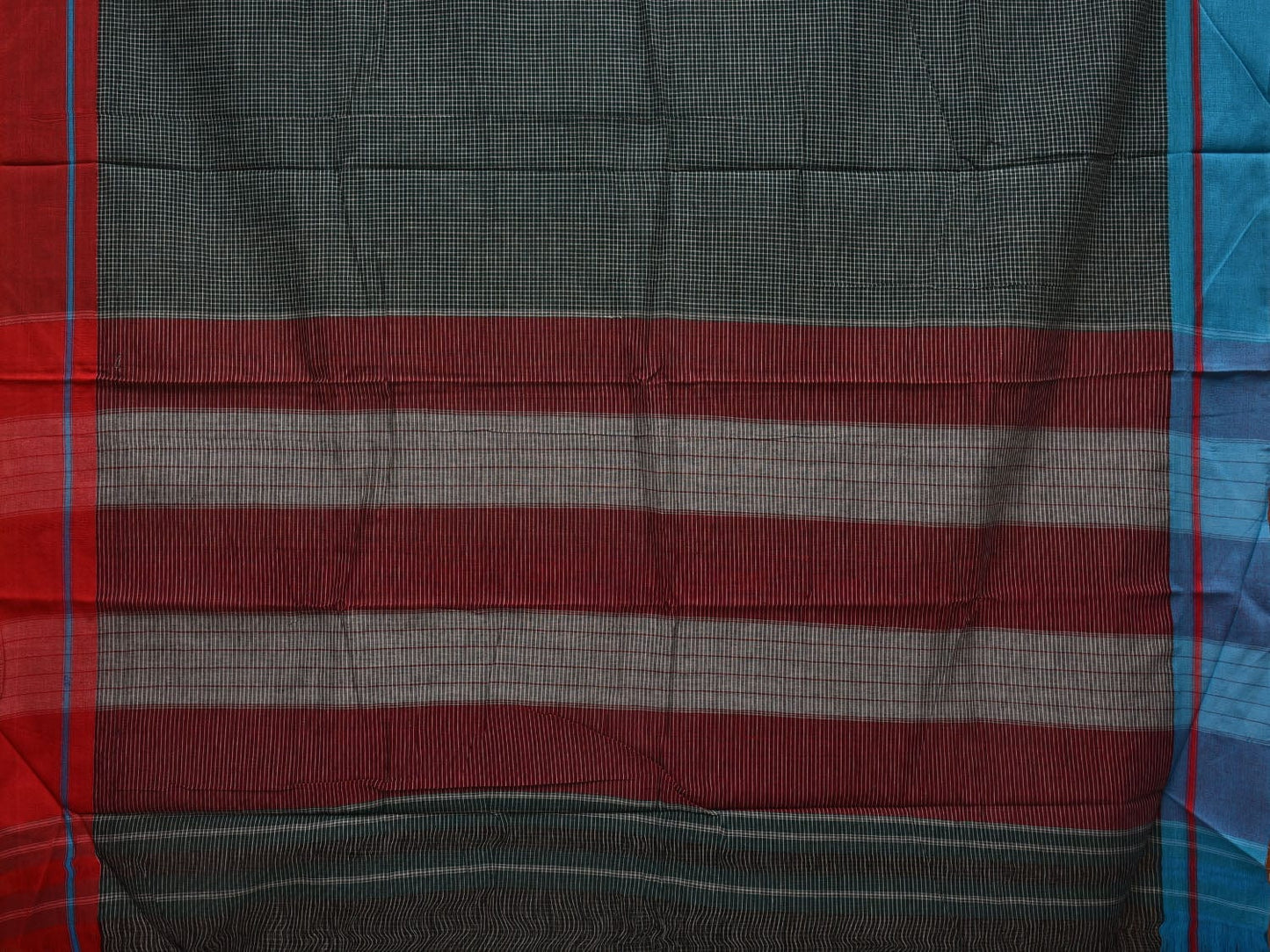 Dark Green ilkal Cotton Handloom Saree with Checks and Ganga-Jamuna Border Design No Blouse o0330