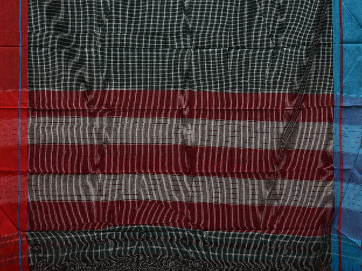 Dark Green ilkal Cotton Handloom Saree with Checks and Ganga-Jamuna Border Design No Blouse o0330