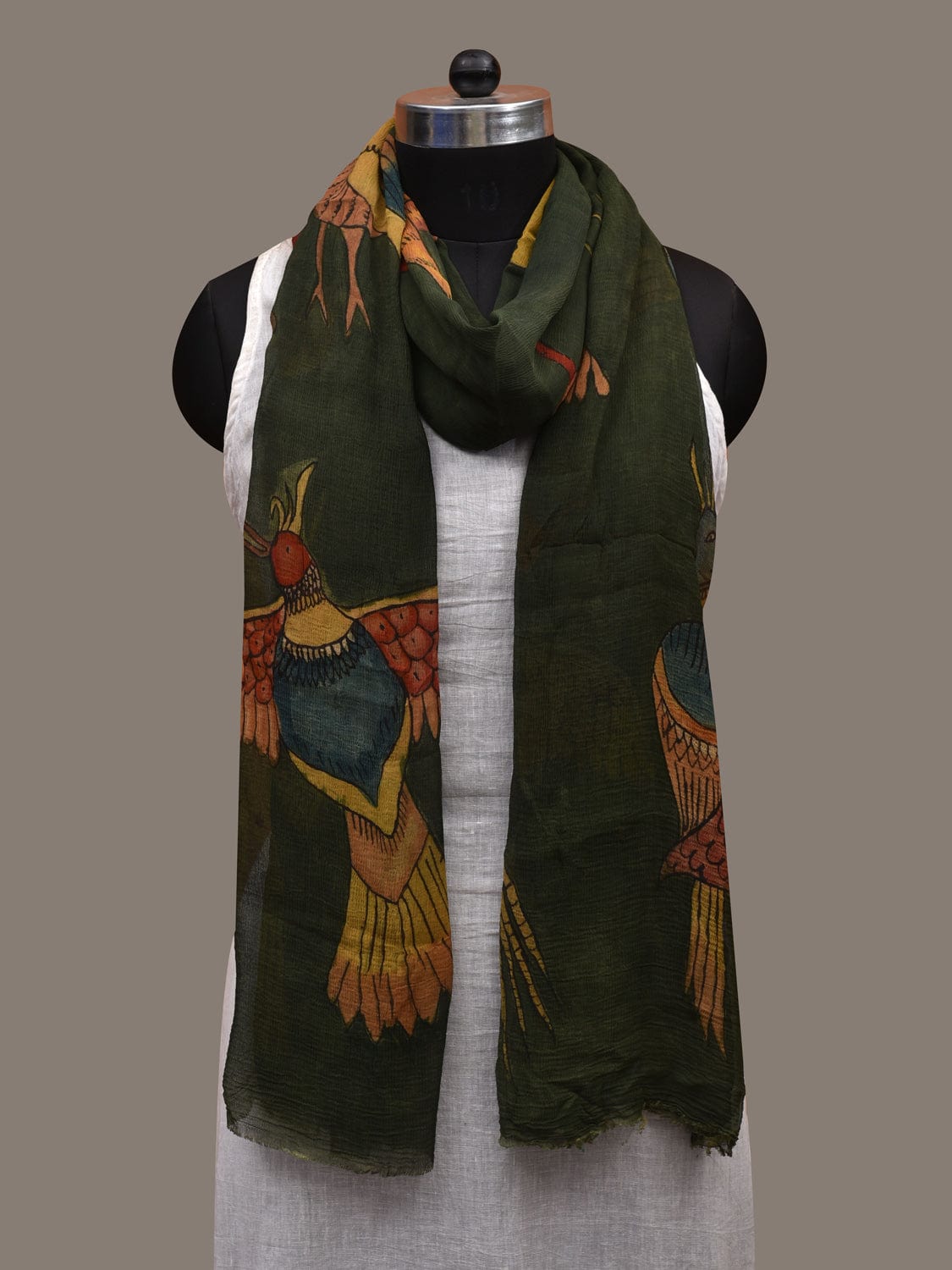 Dark Green Kalamkari Hand Painted Chiffon Dupatta with Birds Design ds2823