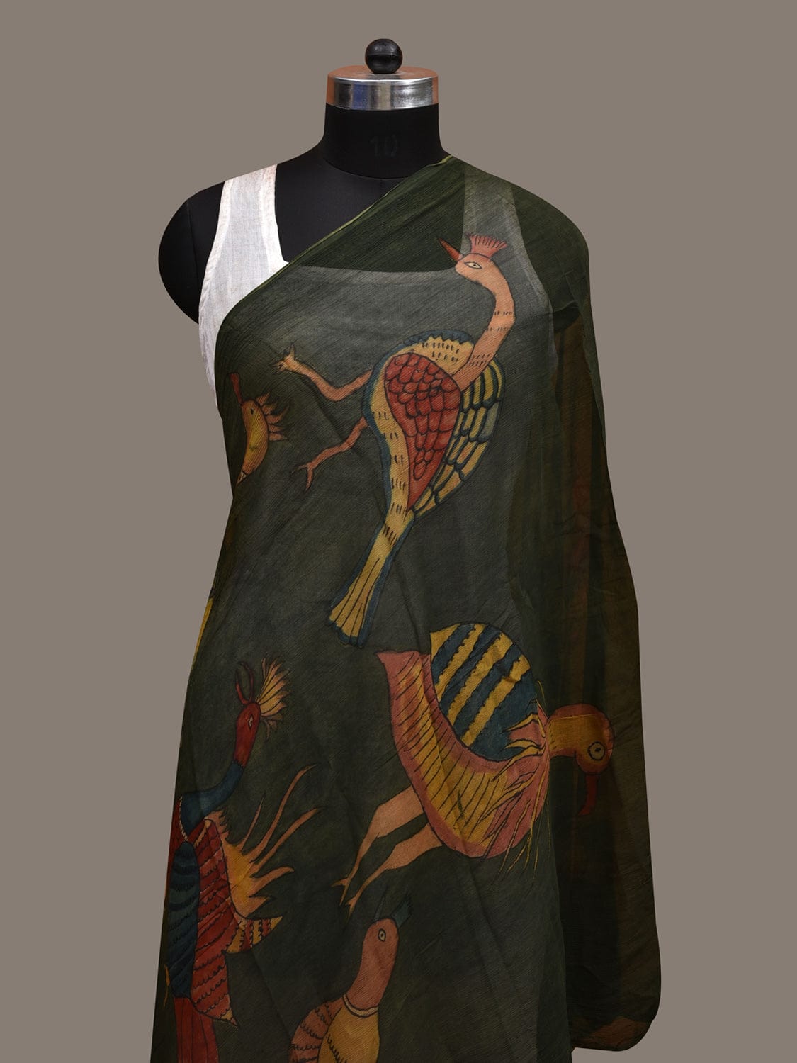Dark Green Kalamkari Hand Painted Chiffon Dupatta with Birds Design ds2823