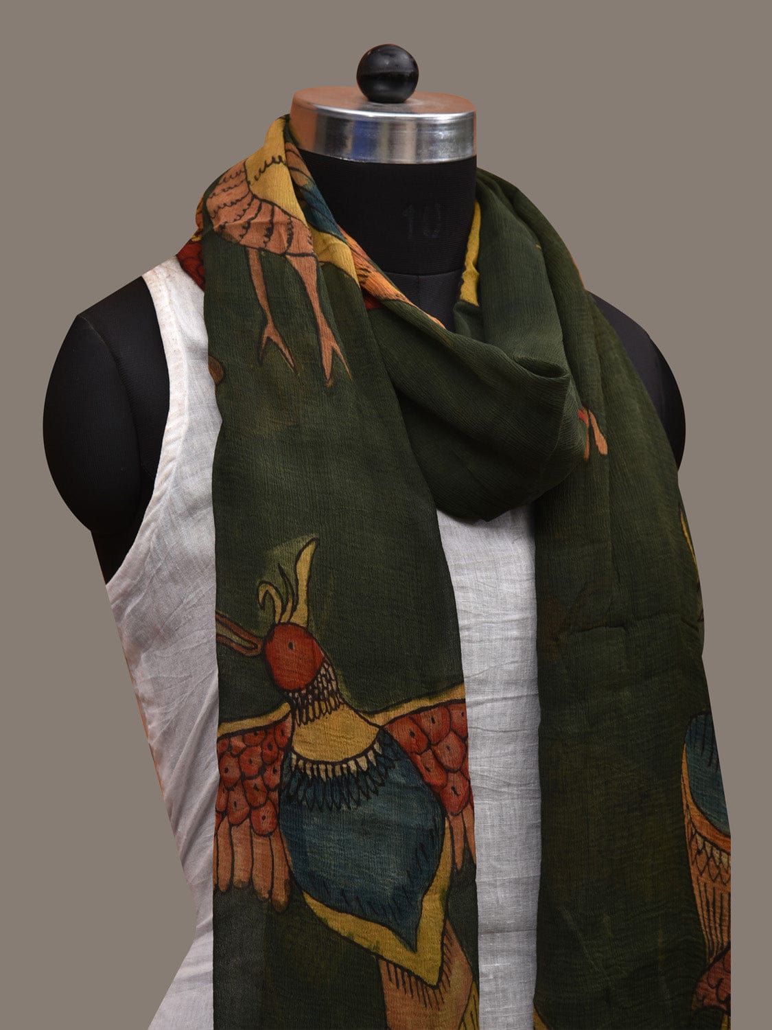 Dark Green Kalamkari Hand Painted Chiffon Dupatta with Birds Design ds2823