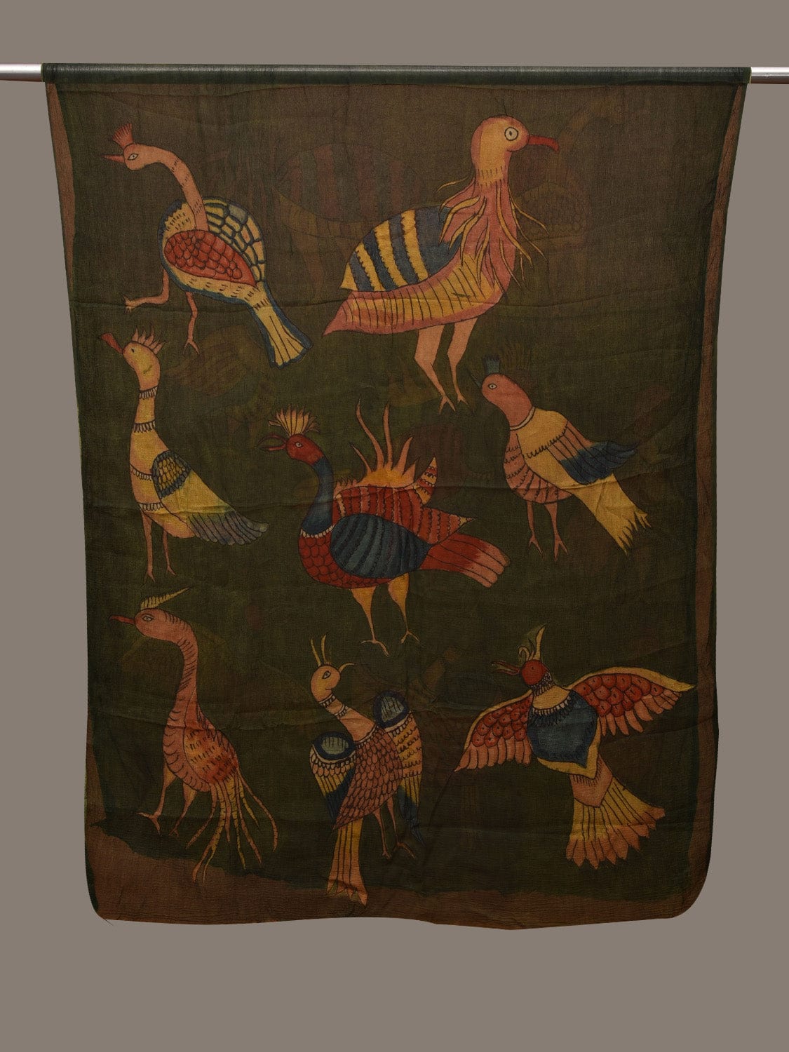 Dark Green Kalamkari Hand Painted Chiffon Dupatta with Birds Design ds2823