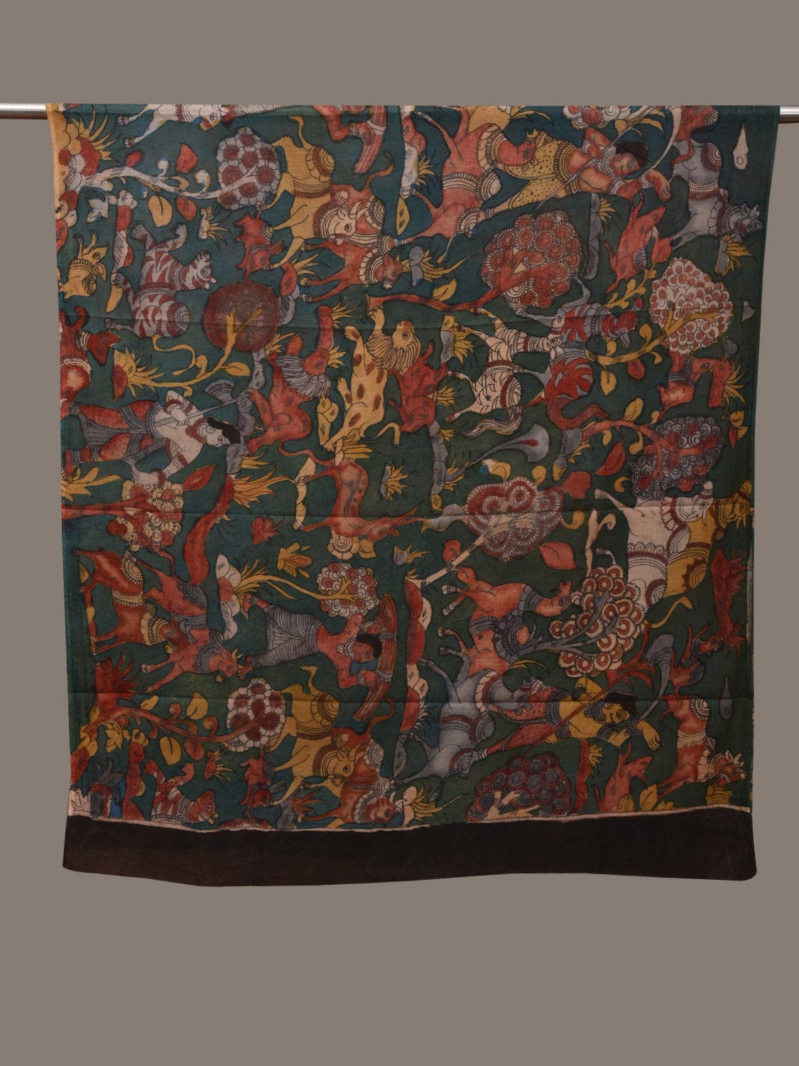 Dark Green Kalamkari Hand Painted Cotton Handloom Dupatta with Village and Animals Design ds2996