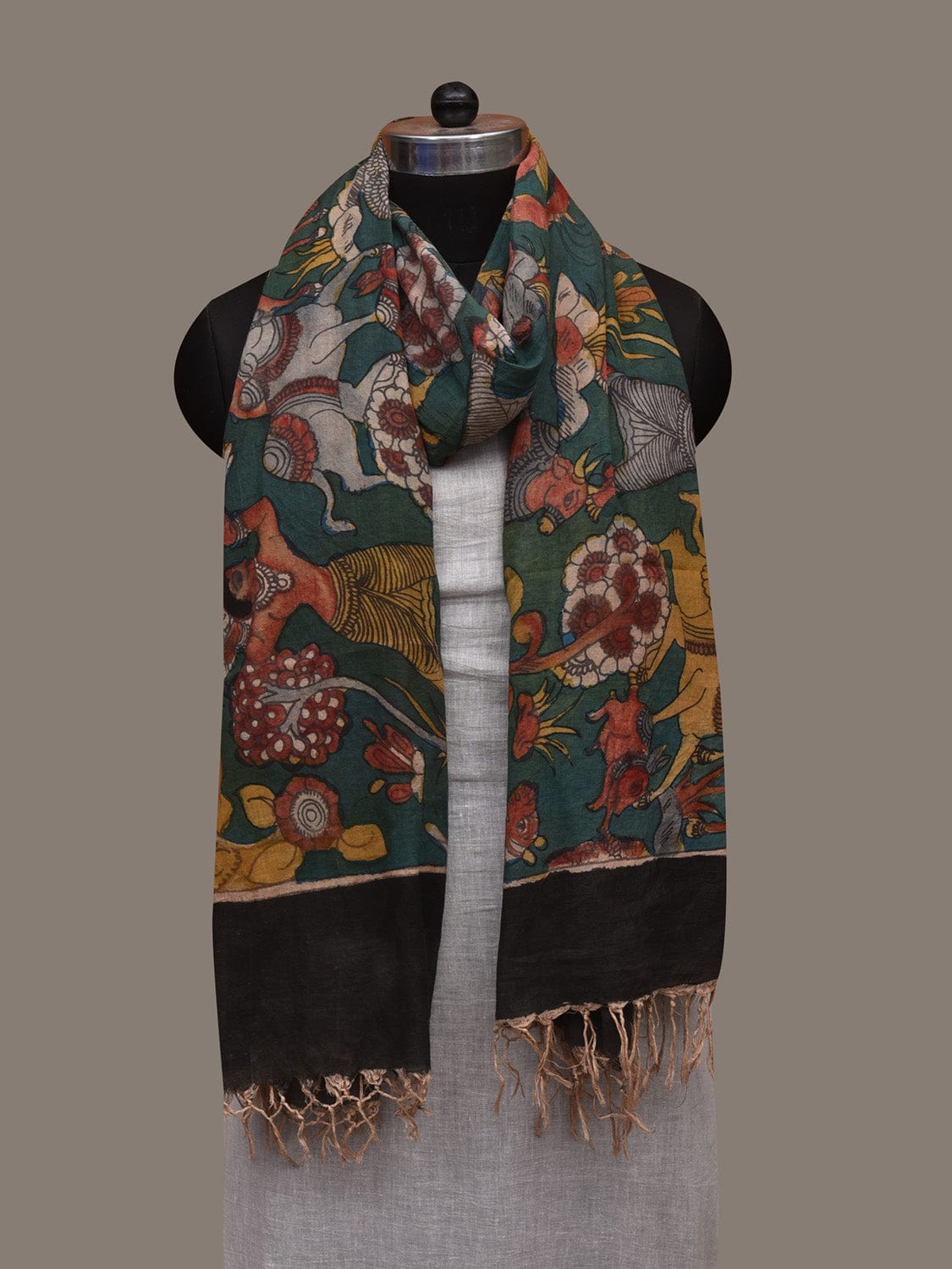 Dark Green Kalamkari Hand Painted Cotton Handloom Dupatta with Village and Animals Design ds2996