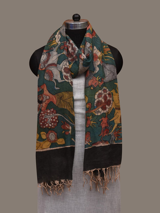 Dark Green Kalamkari Hand Painted Cotton Handloom Dupatta with Village and Animals Design ds2996