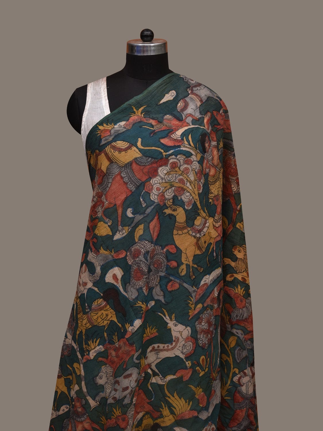 Dark Green Kalamkari Hand Painted Cotton Handloom Dupatta with Village and Animals Design ds2996