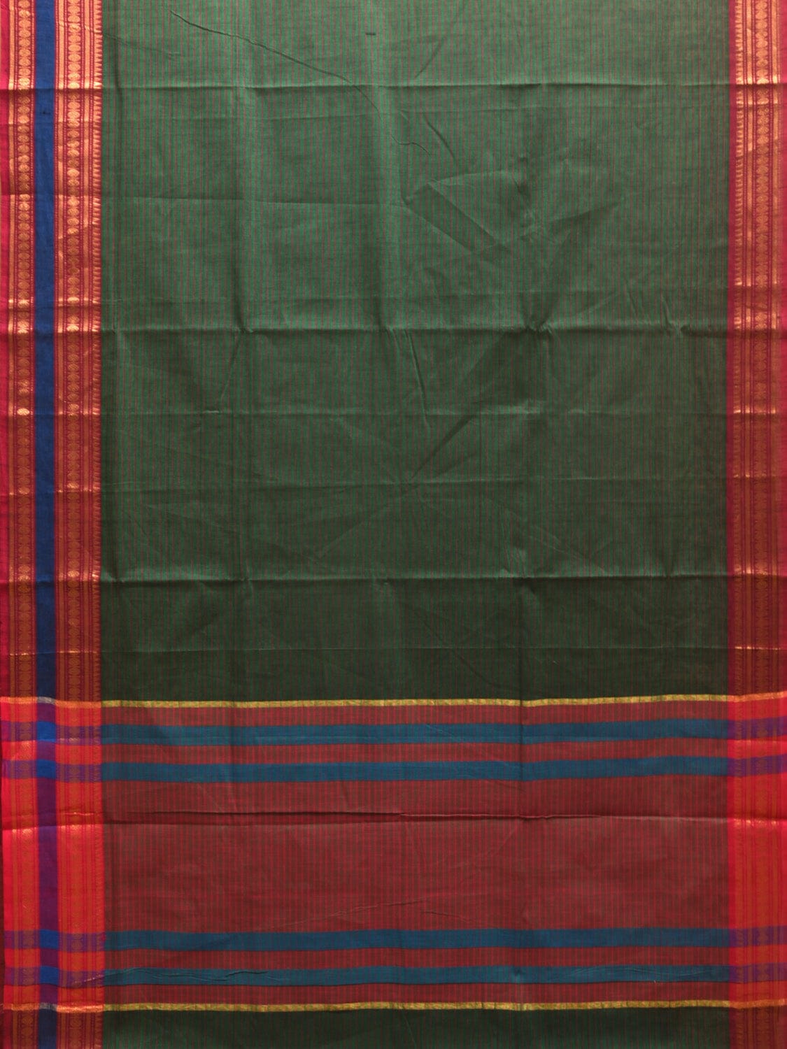 Dark Green Kanchipuram Cotton Handloom Saree with Border and Strips Design k0359
