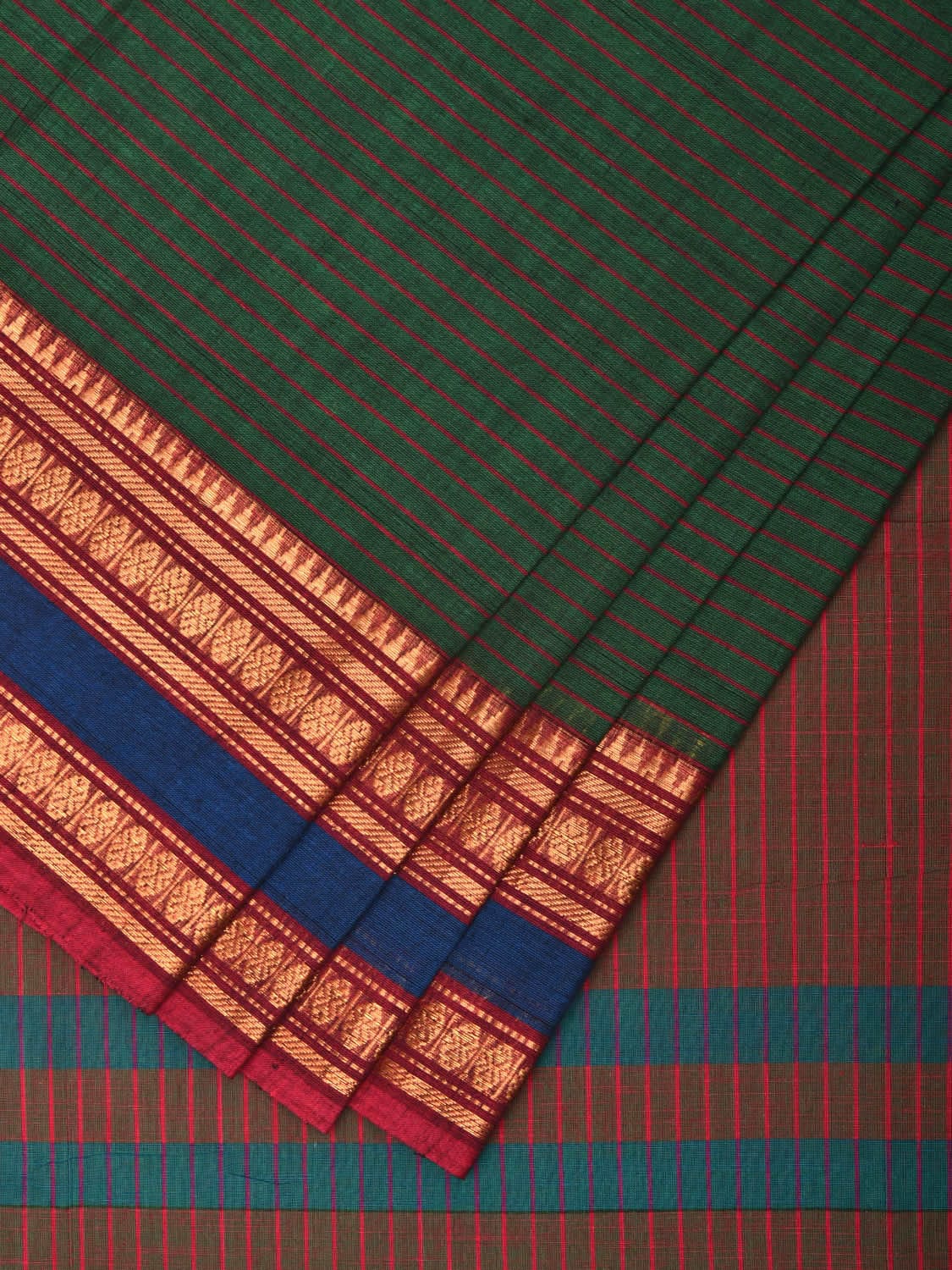 Dark Green Kanchipuram Cotton Handloom Saree with Border and Strips Design k0359