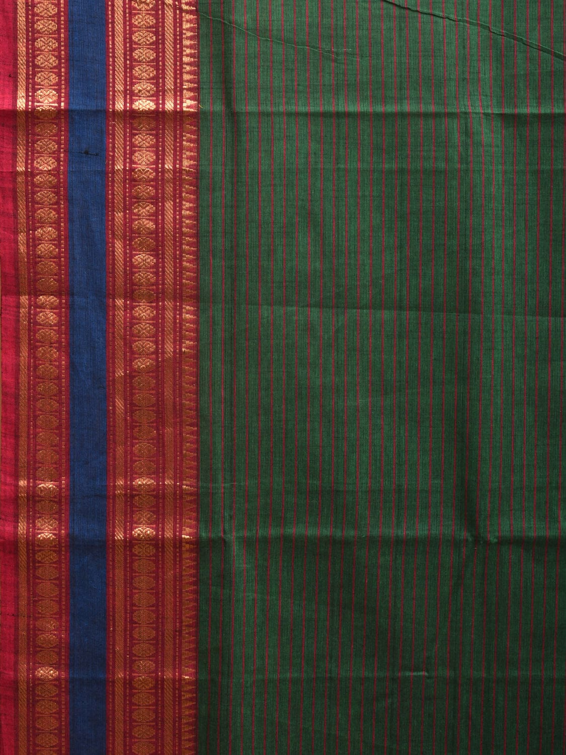 Dark Green Kanchipuram Cotton Handloom Saree with Border and Strips Design k0359