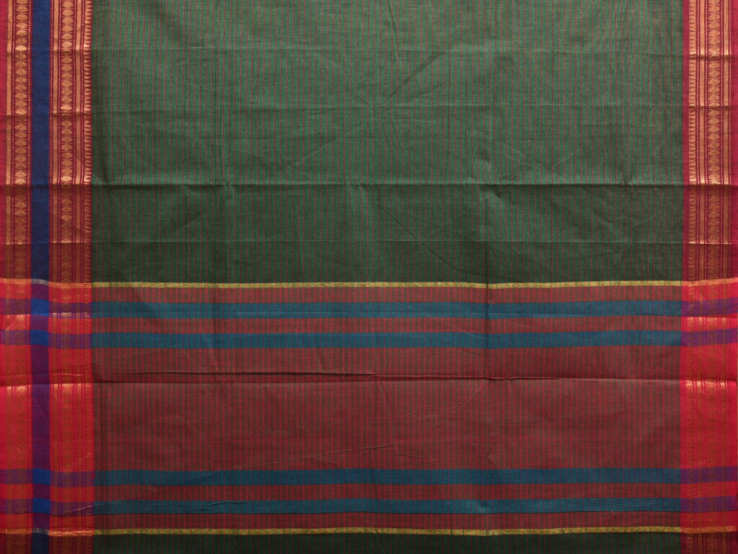 Dark Green Kanchipuram Cotton Handloom Saree with Border and Strips Design k0359