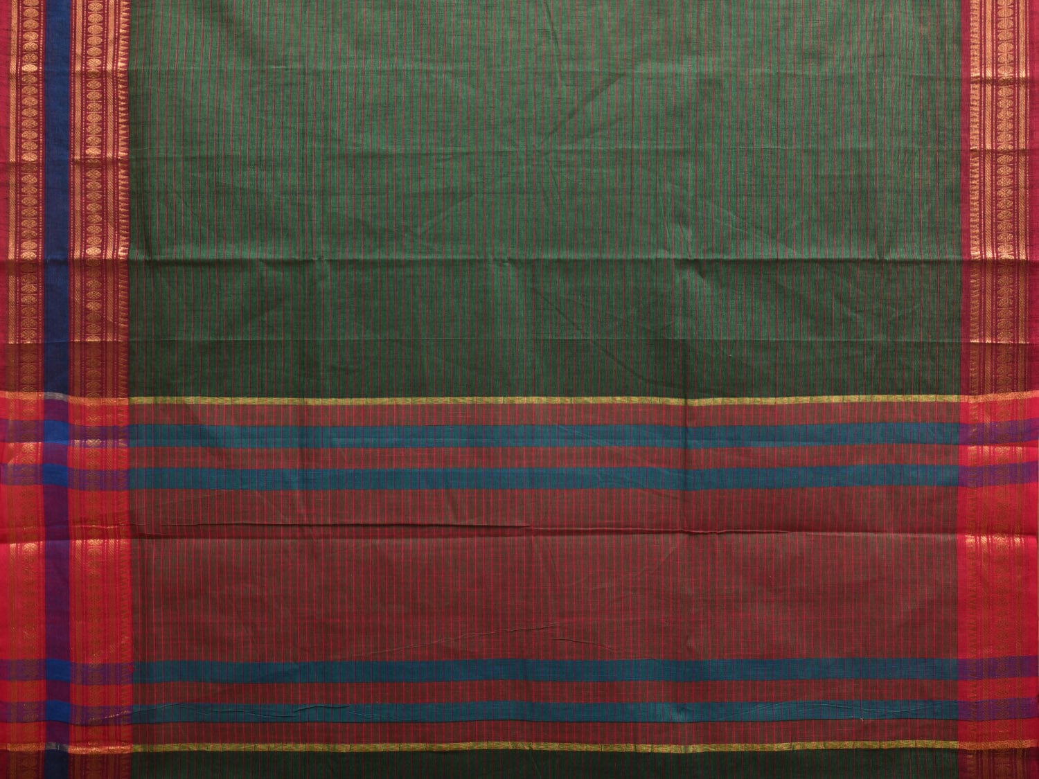 Dark Green Kanchipuram Cotton Handloom Saree with Border and Strips Design k0359