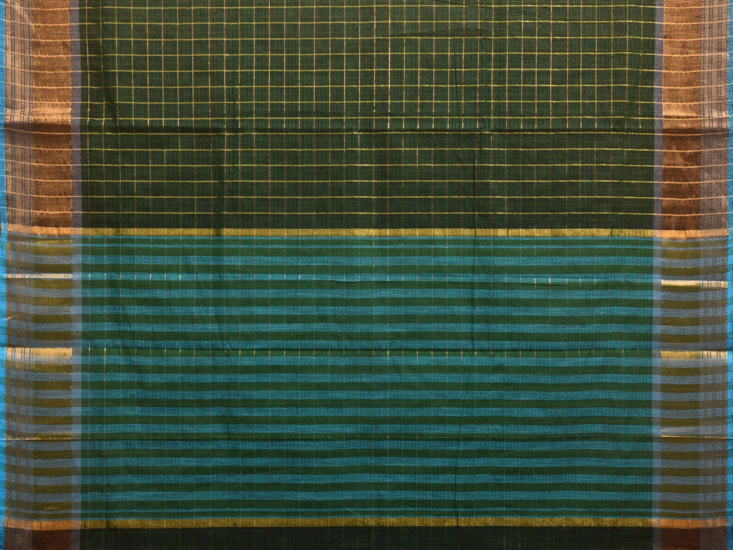 Dark Green Kanchipuram Cotton Handloom Saree with Checks and Strips Pallu Design k0537