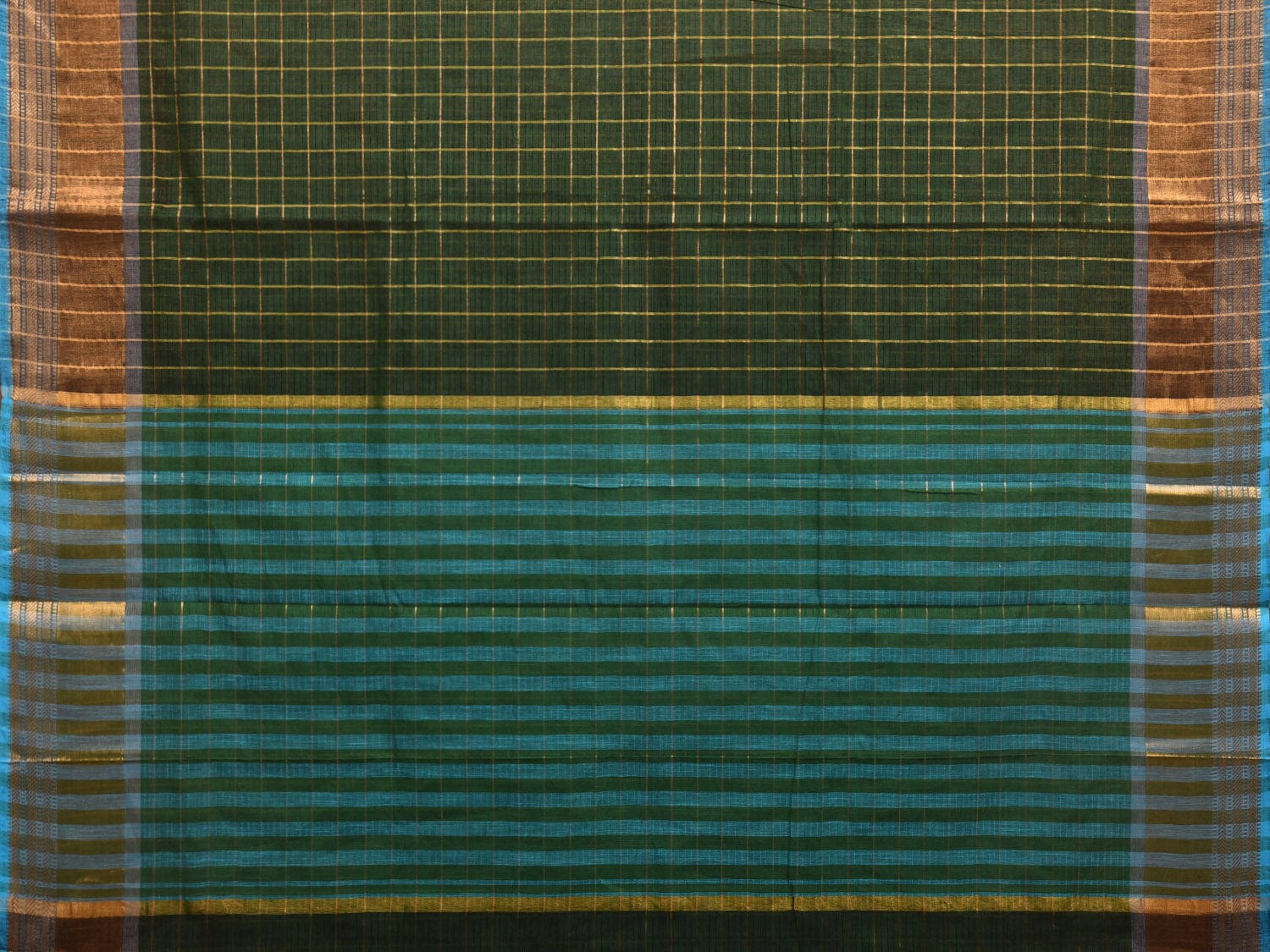 Dark Green Kanchipuram Cotton Handloom Saree with Checks and Strips Pallu Design k0537