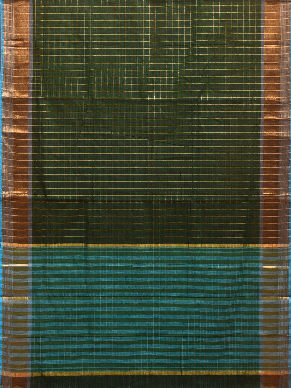 Dark Green Kanchipuram Cotton Handloom Saree with Checks and Strips Pallu Design k0537