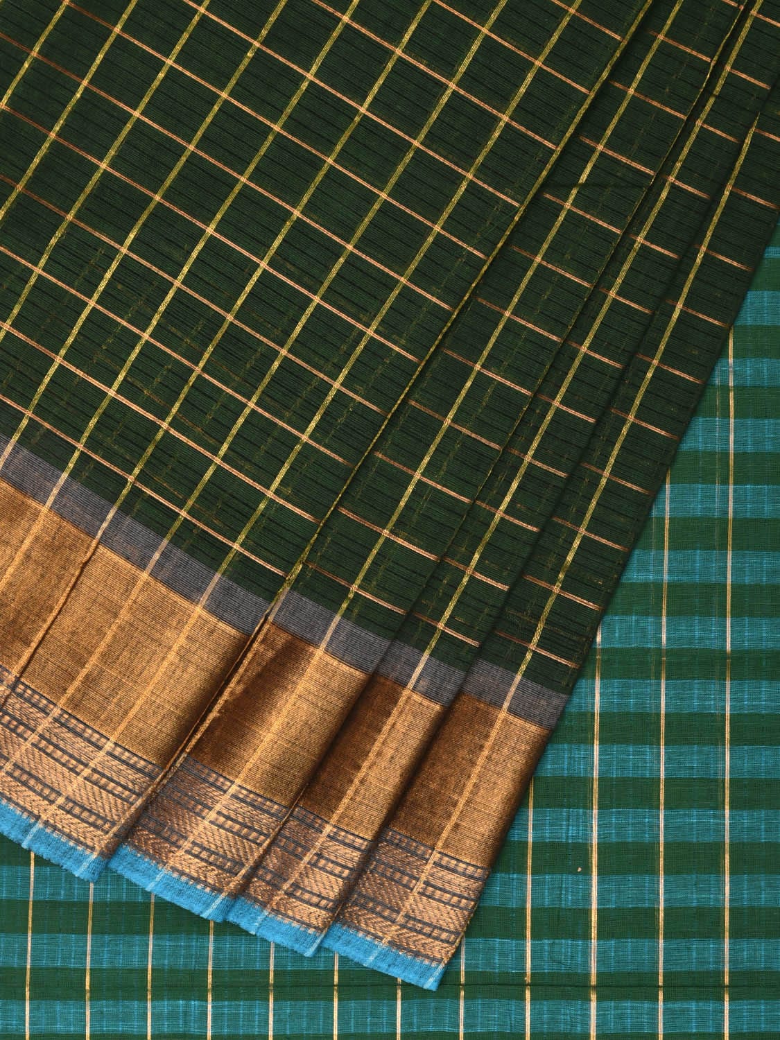 Dark Green Kanchipuram Cotton Handloom Saree with Checks and Strips Pallu Design k0537