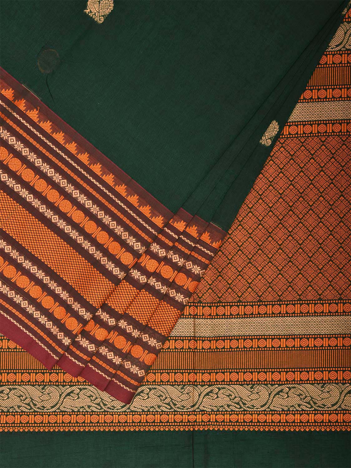 Dark Green Kanchipuram Cotton Saree with Body Buta and Big Border Design k0772