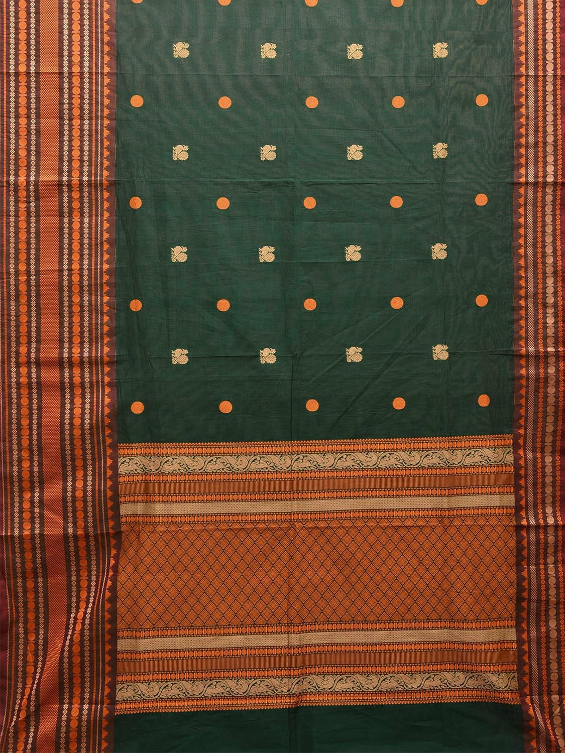 Dark Green Kanchipuram Cotton Saree with Body Buta and Big Border Design k0772