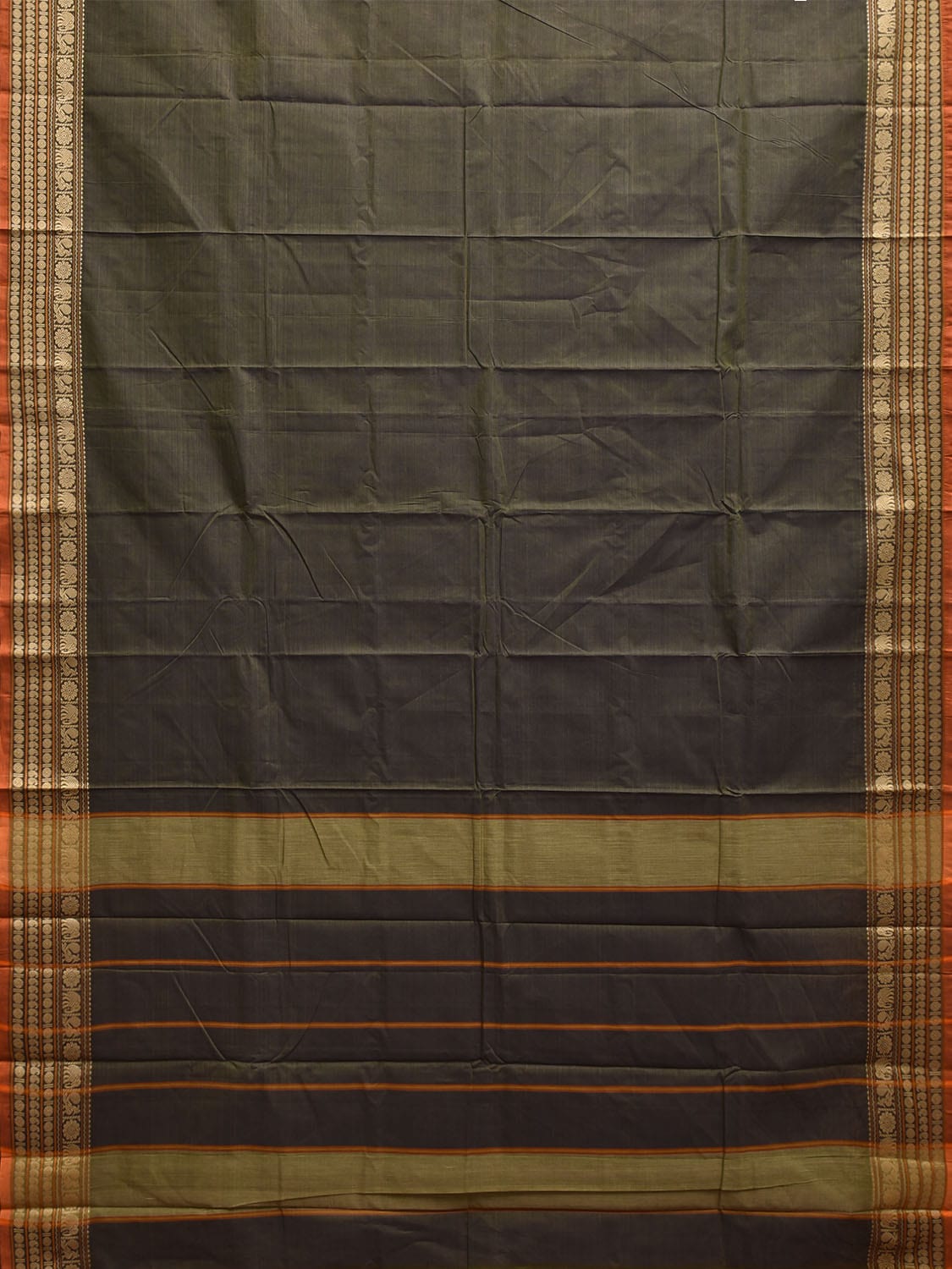 Dark Green Kanchipuram Cotton Saree with Strips Pallu and Border Design k0872