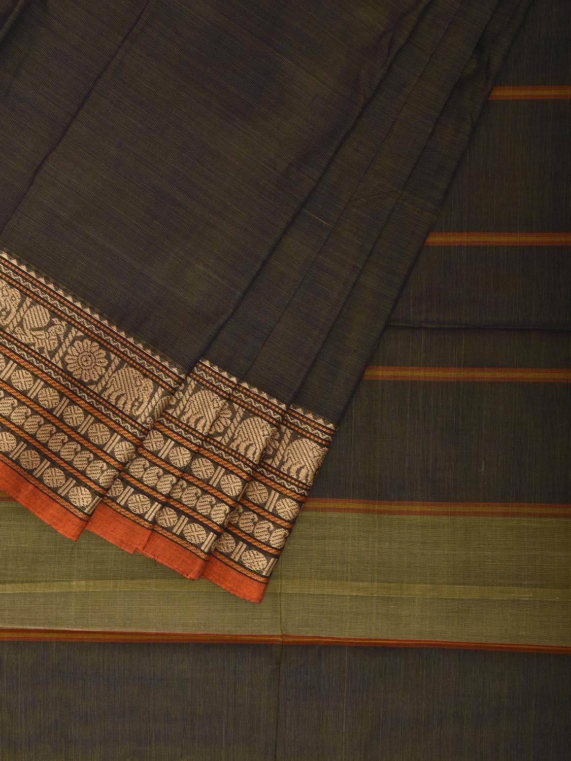 Dark Green Kanchipuram Cotton Saree with Strips Pallu and Border Design k0872