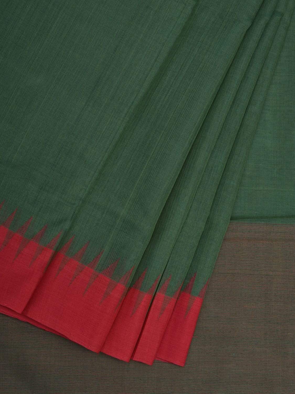 Dark Green Khadi Cotton Handloom Plain Saree with Temple Border Design kh0524