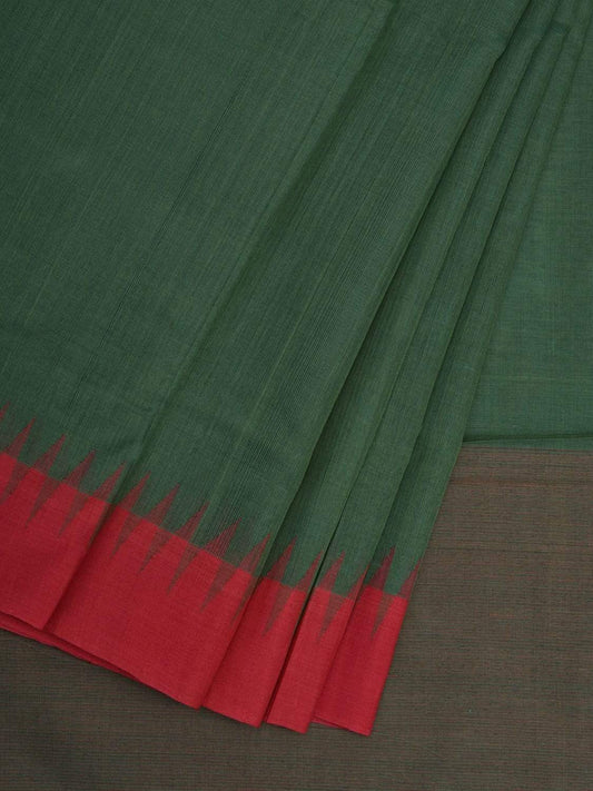 Dark Green Khadi Cotton Handloom Plain Saree with Temple Border Design kh0524