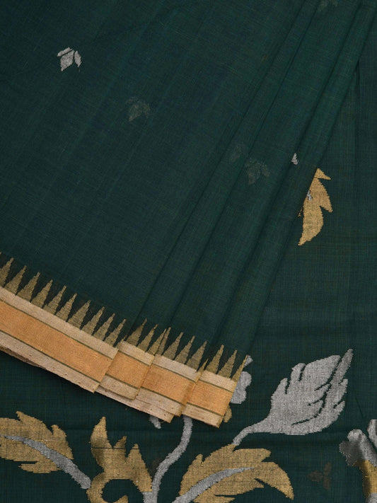 Dark Green Khadi Cotton Handloom Saree with Floral Pallu Design kh0555