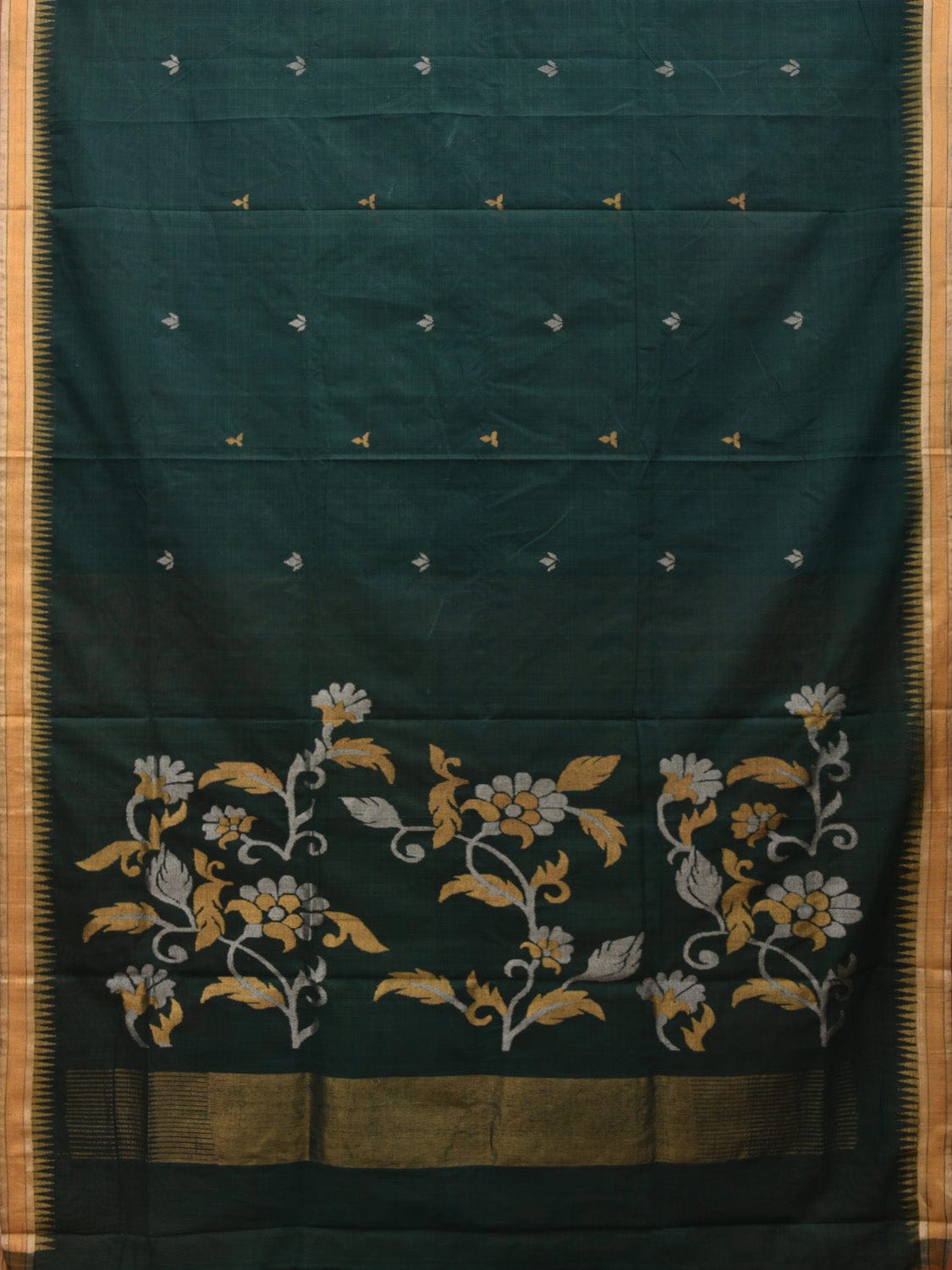 Dark Green Khadi Cotton Handloom Saree with Floral Pallu Design kh0555