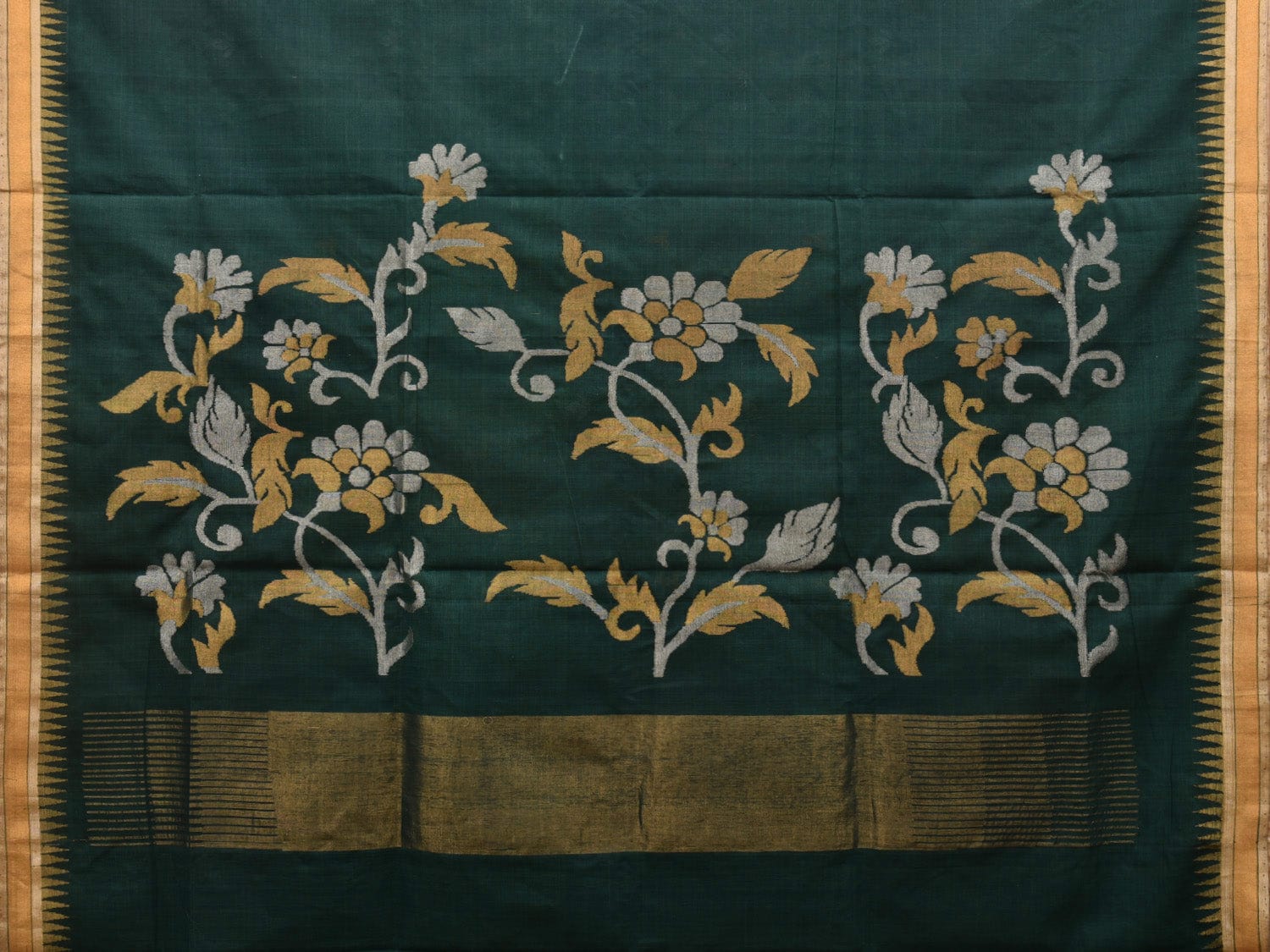 Dark Green Khadi Cotton Handloom Saree with Floral Pallu Design kh0555