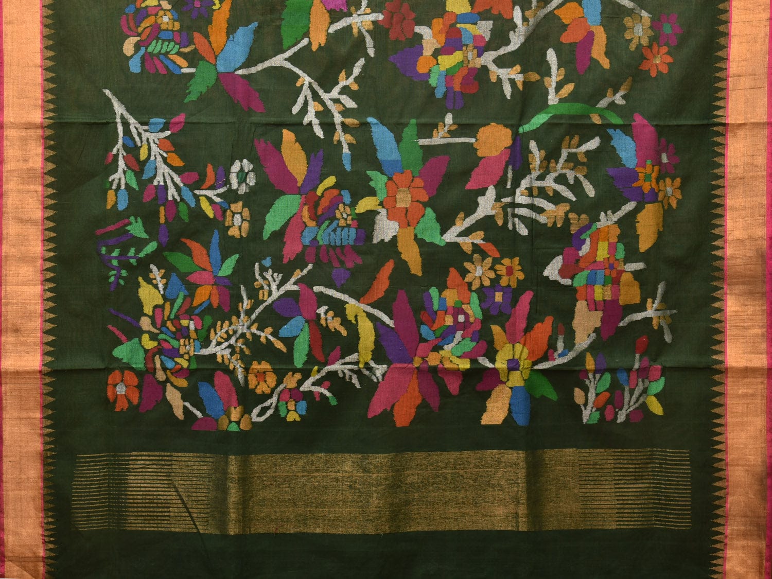 Dark Green Khadi Cotton Handloom Saree with Floral Pallu Design kh0660