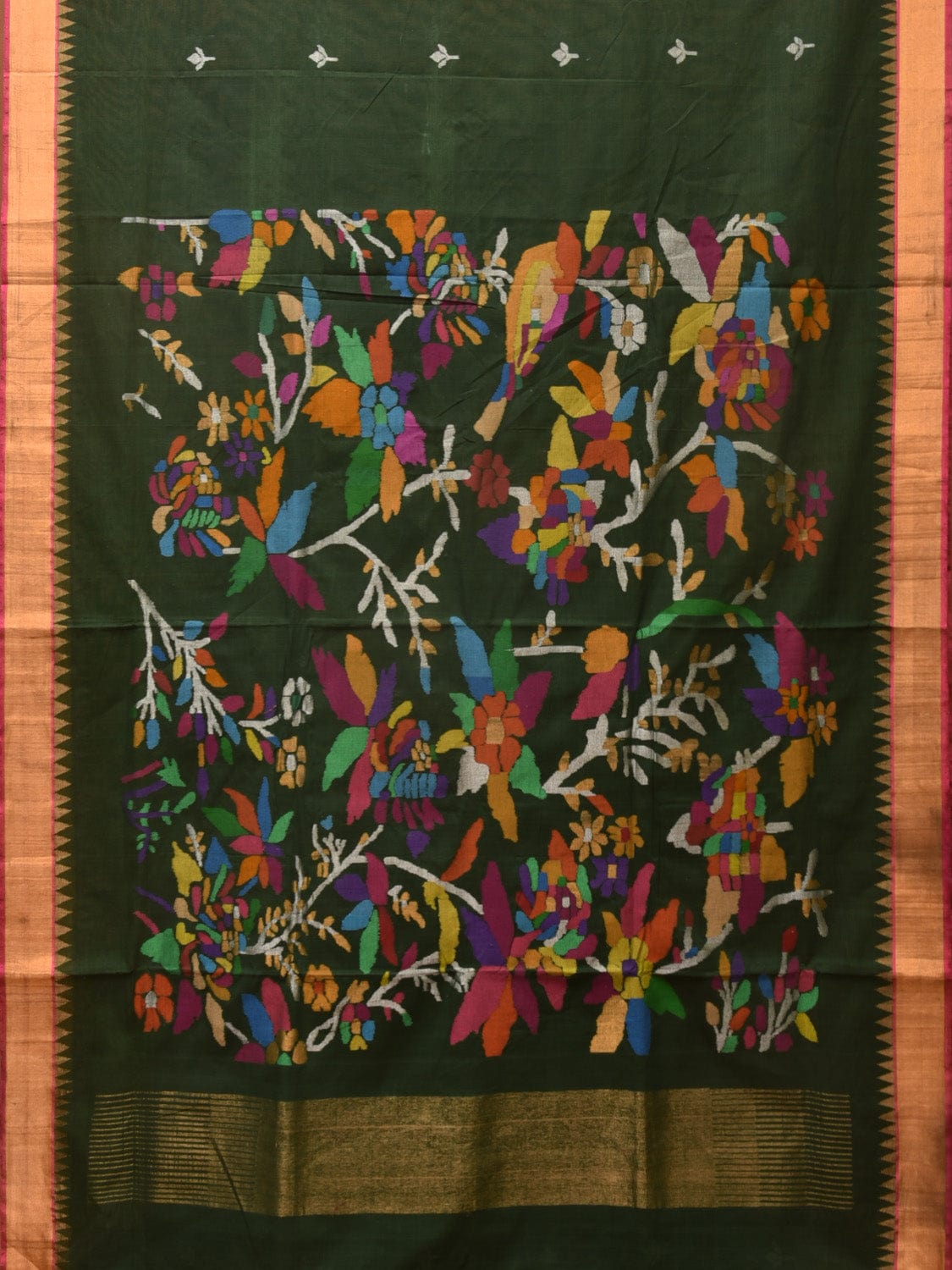 Dark Green Khadi Cotton Handloom Saree with Floral Pallu Design kh0660