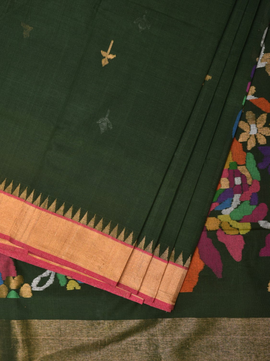 Dark Green Khadi Cotton Handloom Saree with Floral Pallu Design kh0660
