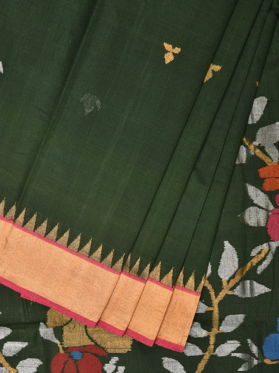 Dark Green Khadi Cotton Handloom Saree with Floral Pallu Design kh0664