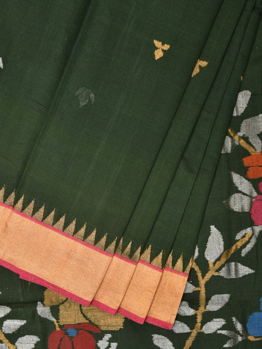 Dark Green Khadi Cotton Handloom Saree with Floral Pallu Design kh0664