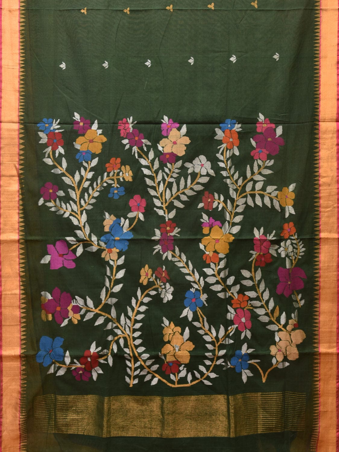 Dark Green Khadi Cotton Handloom Saree with Floral Pallu Design kh0664