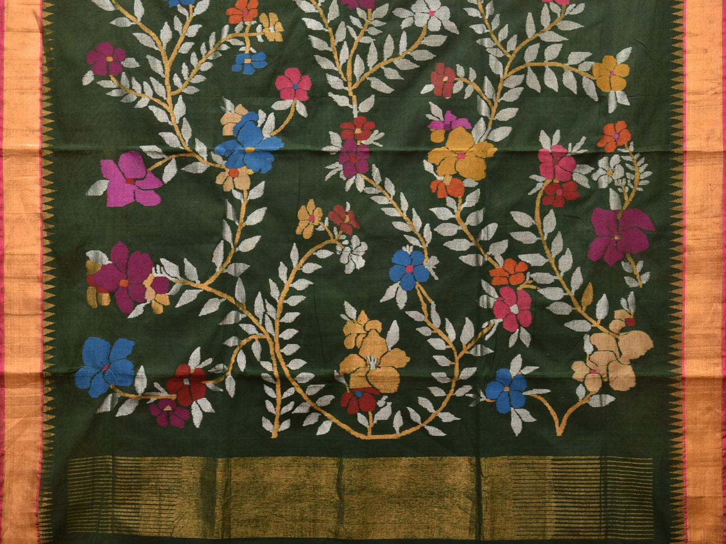 Dark Green Khadi Cotton Handloom Saree with Floral Pallu Design kh0664