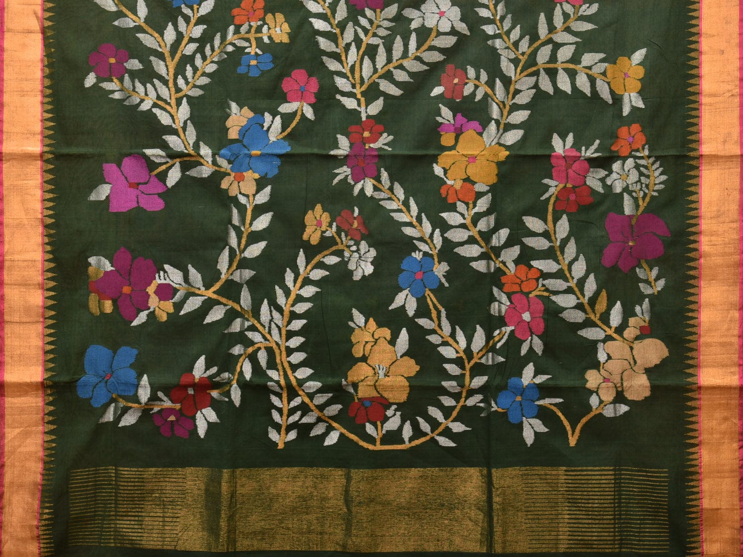 Dark Green Khadi Cotton Handloom Saree with Floral Pallu Design kh0664