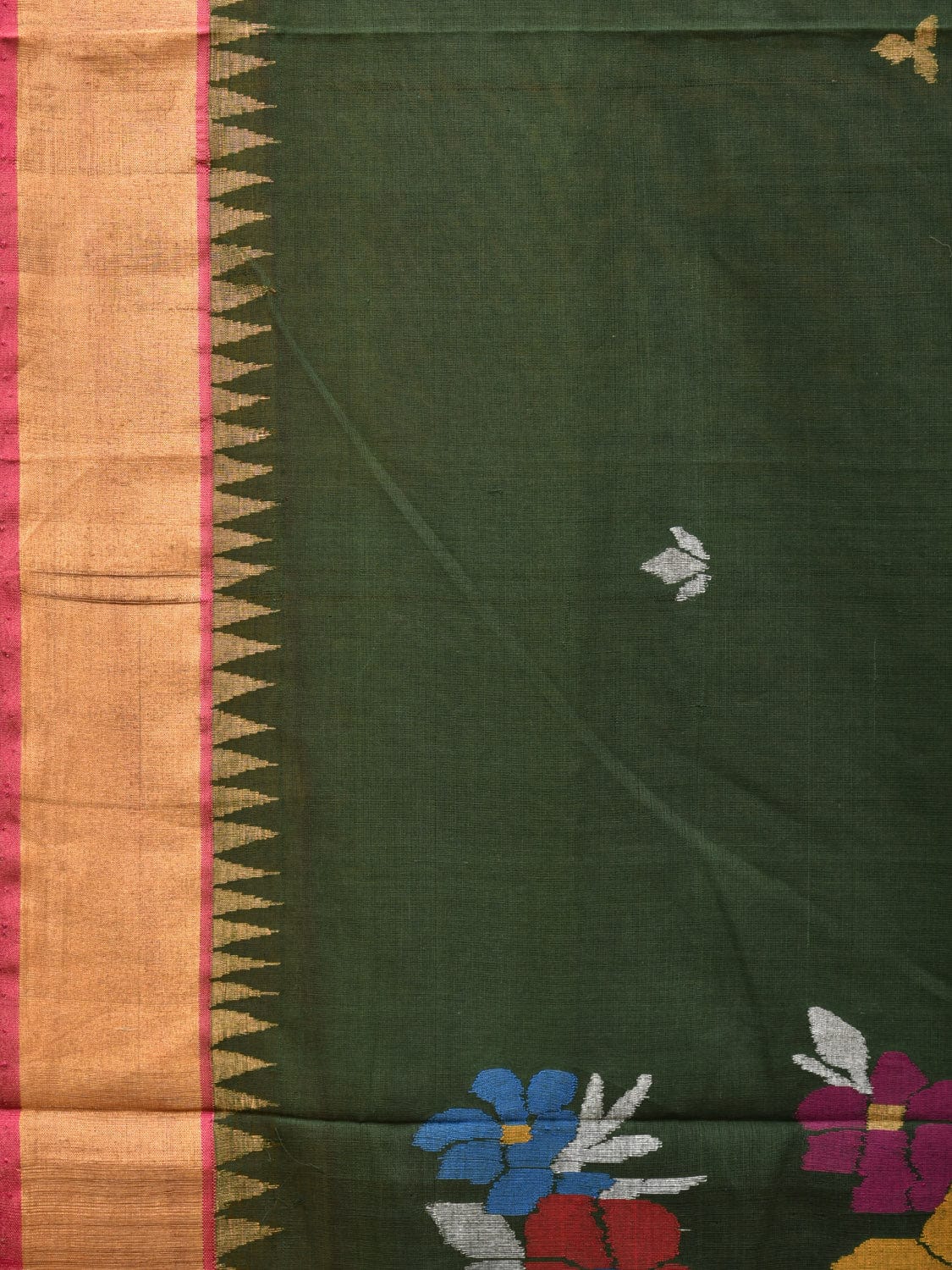 Dark Green Khadi Cotton Handloom Saree with Floral Pallu Design kh0664