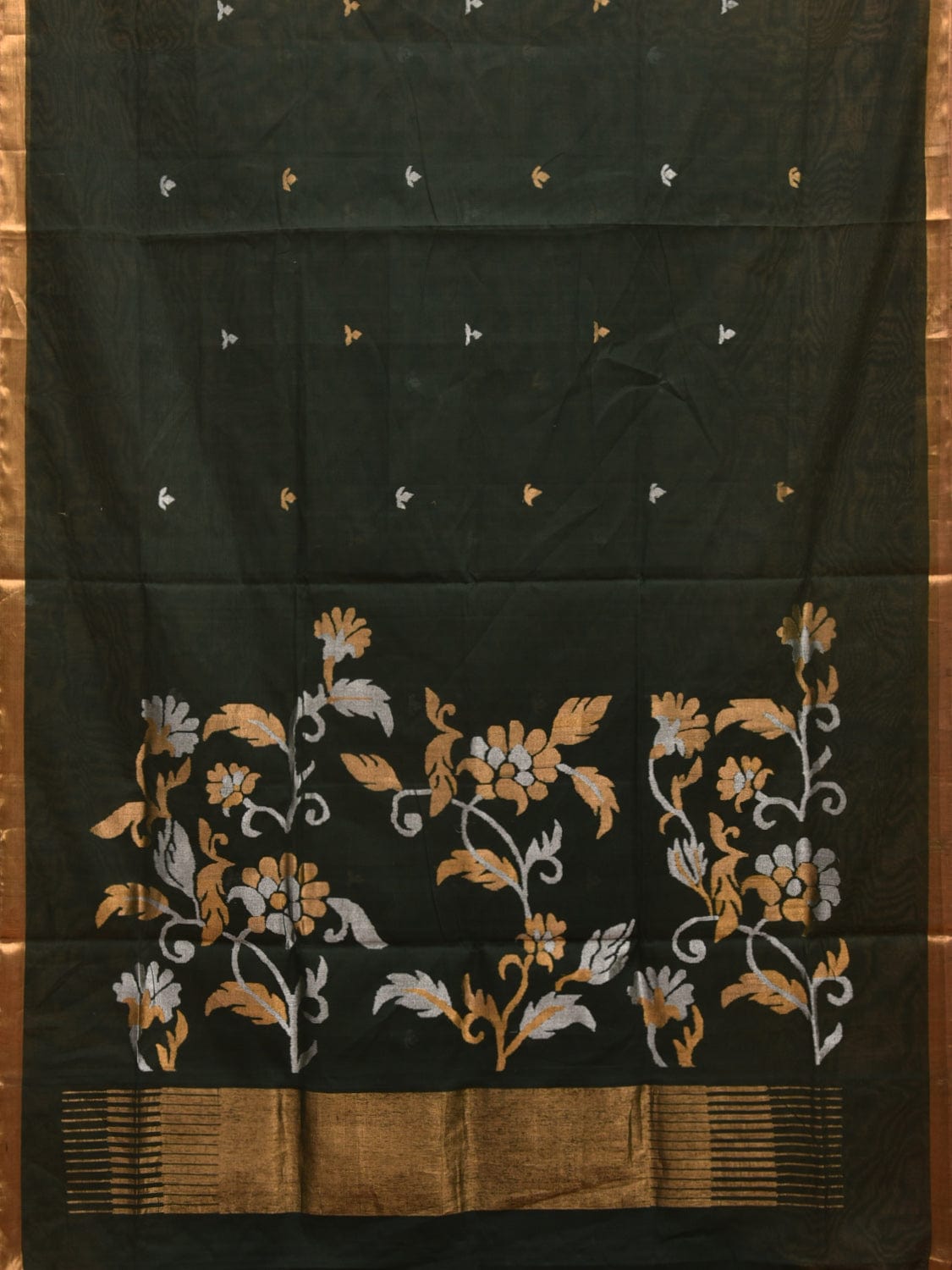 Dark Green Khadi Cotton Handloom Saree with Floral Pallu Design kh0669