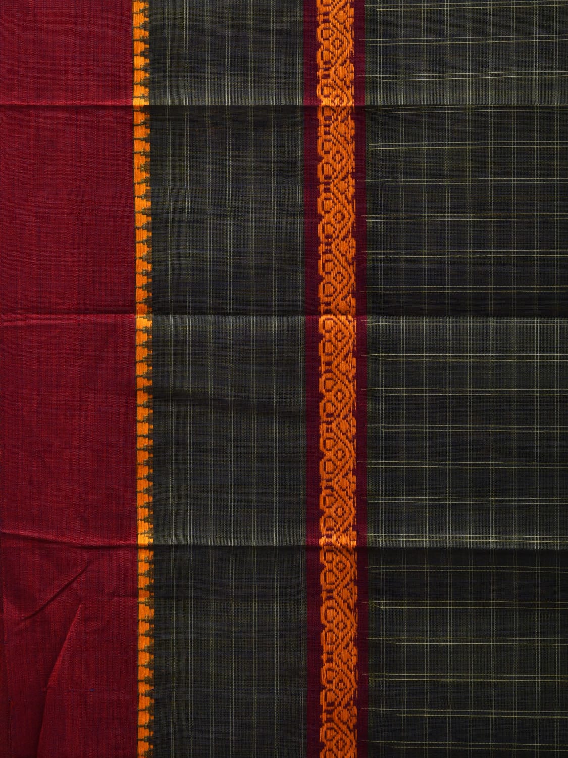 Dark Green Narayanpet Cotton Handloom Plain Saree with Checks Design No Blouse np0557