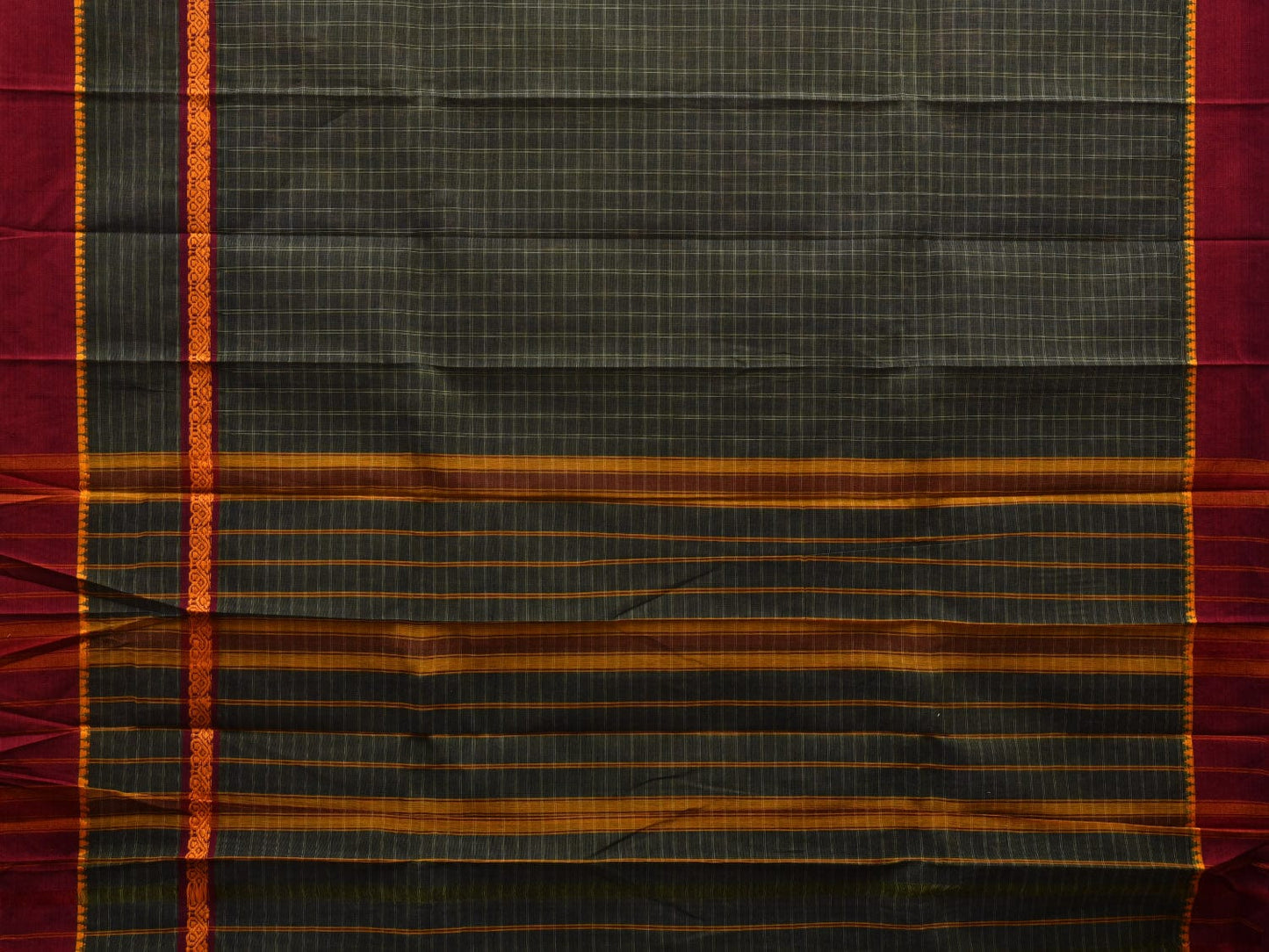 Dark Green Narayanpet Cotton Handloom Plain Saree with Checks Design No Blouse np0557