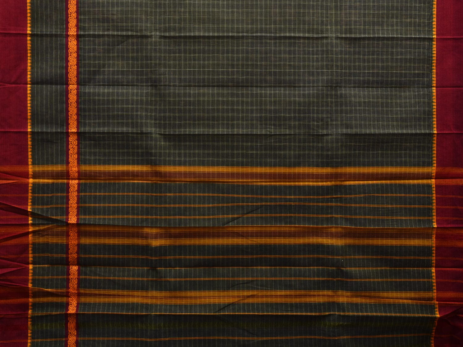Dark Green Narayanpet Cotton Handloom Plain Saree with Checks Design No Blouse np0557